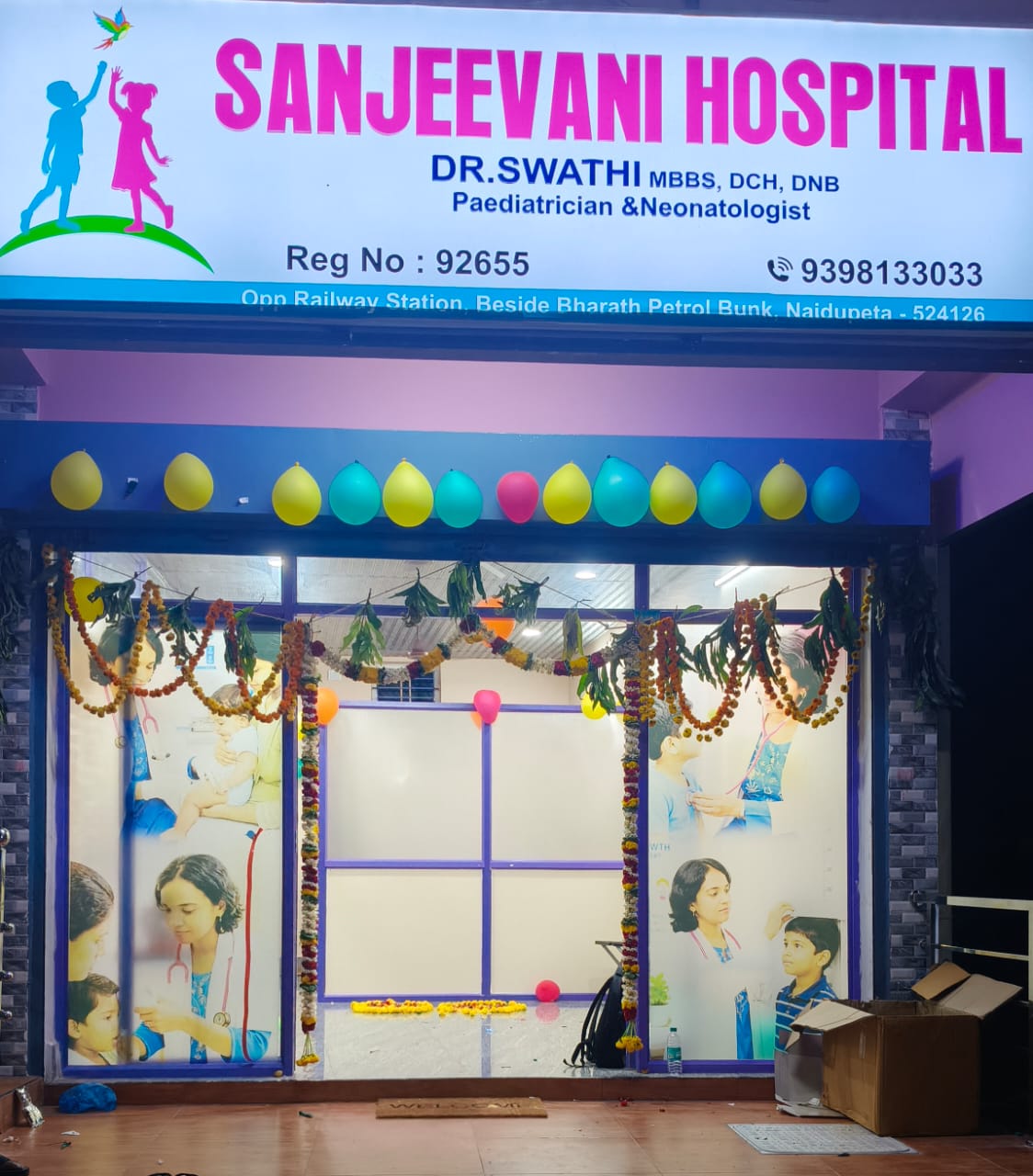 Sanjeevani Hospital clinic front decorated for opening